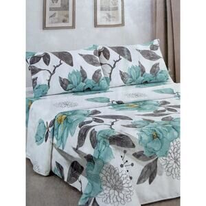 Organic Cotton Sheets Set, Queen Size 4 Piece In Beautiful Floral Teal And White